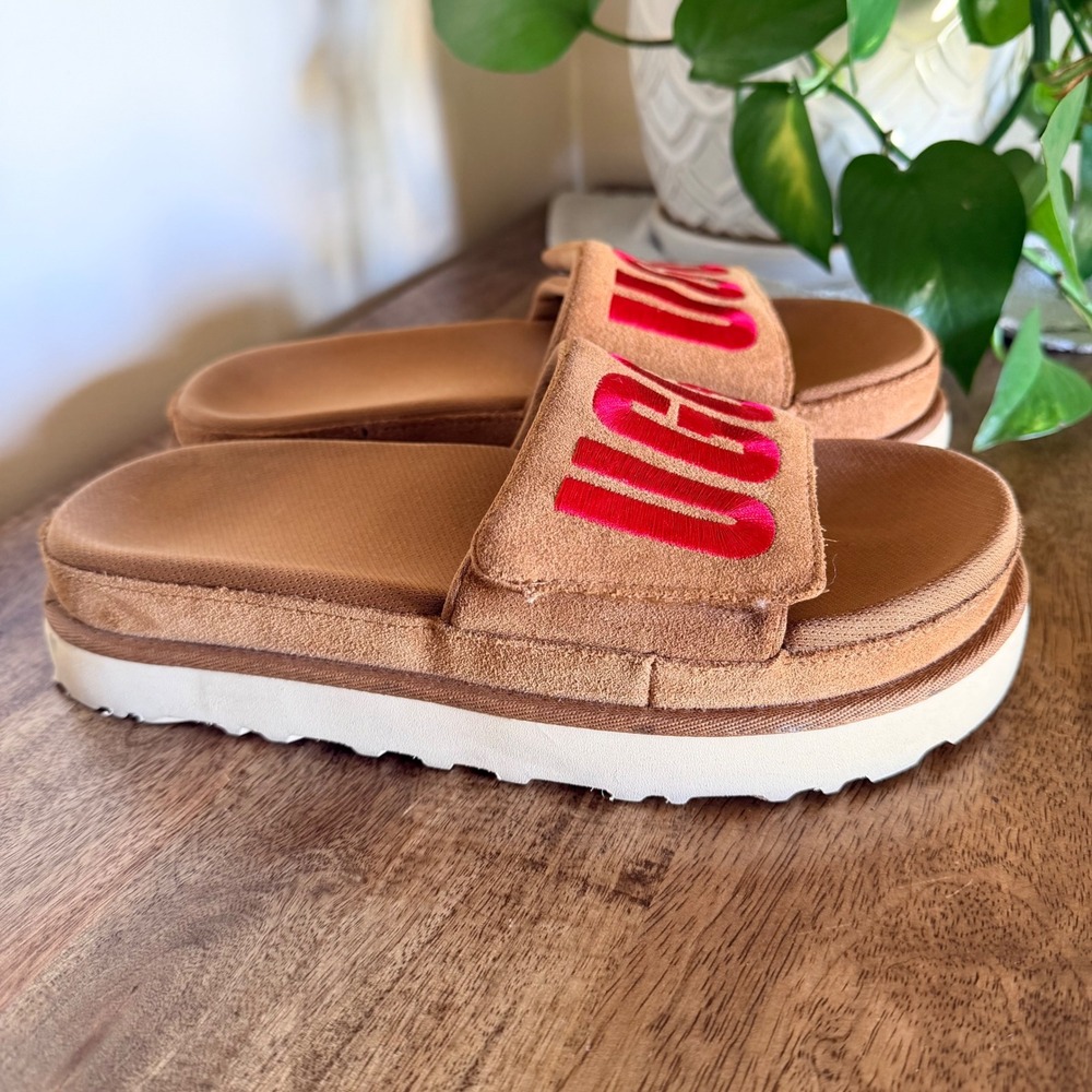 UGG Laton Slide Sandals Women 6 Chestnut Suede Puffy Logo Platform Comfort Shoes - Picture 10 of 11